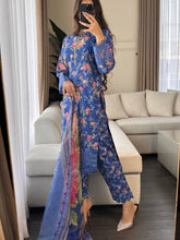 Load image into Gallery viewer, 3 pcs Stitched Blue lawn suit Ready to Wear with chiffon dupatta LNE-24018