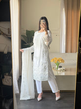 Load image into Gallery viewer, 3pc WHITE Embroidered Shalwar Kameez with CHIFFON dupatta Stitched Suit Ready to wear HW-U2490