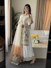 Load image into Gallery viewer, 3pc WHITE Embroidered Shalwar Kameez with Plazoo and Net dupatta Stitched Suit Ready to wear HW-U2420B