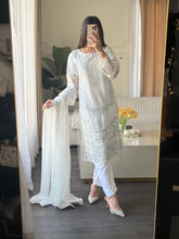 Load image into Gallery viewer, 3pc WHITE Embroidered Shalwar Kameez with CHIFFON dupatta Stitched Suit Ready to wear HW-U2490