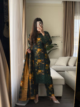 Load image into Gallery viewer, 3PC Stitched BOTTLE GREEN LINEN shalwar Suit Ready to wear LINEN winter Wear with LINEN dupatta HW-DH36