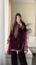 Load image into Gallery viewer, 3pc Burgundy VELVET Embroidered Shalwar Kameez with NET/Velvet dupatta Stitched Suit Ready to wear HW-UBURGUNDY