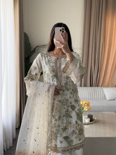 Load image into Gallery viewer, 3pc WHITE Embroidered Shalwar Kameez with Plazoo and Net dupatta Stitched Suit Ready to wear HW-U2420B