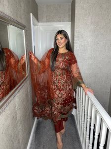 3pc Rusty Orange Embroidered Shalwar Kameez wit Net dupatta Stitched Suit Ready to wear JZ-24004