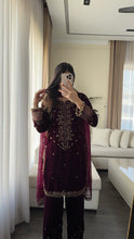 Load image into Gallery viewer, 3pc Burgundy VELVET Embroidered Shalwar Kameez with NET/Velvet dupatta Stitched Suit Ready to wear HW-UBURGUNDY
