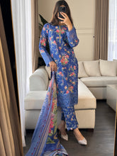 Load image into Gallery viewer, 3 pcs Stitched Blue lawn suit Ready to Wear with chiffon dupatta LNE-24018