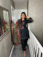 Load image into Gallery viewer, 3PC Stitched BLACK shalwar Suit Ready to wear DHANAK winter Wear with Dhanak dupatta MBD-005
