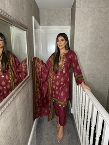 3PC Stitched MAROON shalwar Suit Ready to wear DHANAK winter Wear with Dhanak dupatta DNE-0319