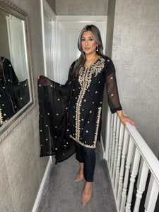 3pc BLACK Embroidered Shalwar Kameez wit Nethdupatta Stitched Suit Ready to wear AN-24004