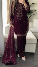 Load image into Gallery viewer, 3pc Burgundy VELVET Embroidered Shalwar Kameez with NET/Velvet dupatta Stitched Suit Ready to wear HW-UBURGUNDY