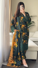 Load image into Gallery viewer, 3PC Stitched BOTTLE GREEN LINEN shalwar Suit Ready to wear LINEN winter Wear with LINEN dupatta HW-DH36