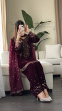 Load image into Gallery viewer, 3pc Burgundy VELVET Embroidered Shalwar Kameez with NET/Velvet dupatta Stitched Suit Ready to wear HW-UBURGUNDY