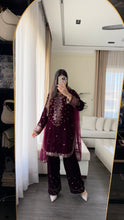 Load image into Gallery viewer, 3pc Burgundy VELVET Embroidered Shalwar Kameez with NET/Velvet dupatta Stitched Suit Ready to wear HW-UBURGUNDY