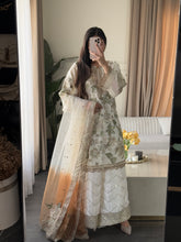 Load image into Gallery viewer, 3pc WHITE Embroidered Shalwar Kameez with Plazoo and Net dupatta Stitched Suit Ready to wear HW-U2420B