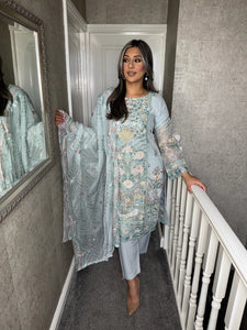 3pc GREY Embroidered Shalwar Kameez wit Net dupatta Stitched Suit Ready to wear HW-24005