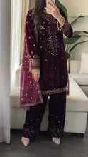 Load image into Gallery viewer, 3pc Burgundy VELVET Embroidered Shalwar Kameez with NET/Velvet dupatta Stitched Suit Ready to wear HW-UBURGUNDY
