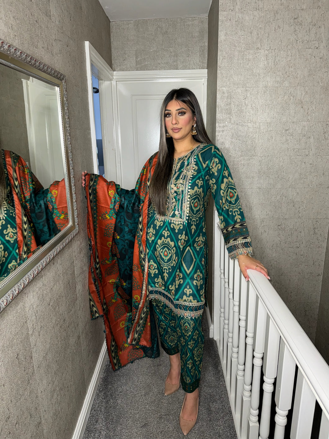 3PC Stitched TEAL Green shalwar Suit Ready to wear DHANAK winter Wear with Dhanak dupatta MBD-008
