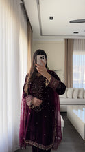 Load image into Gallery viewer, 3pc Burgundy VELVET Embroidered Shalwar Kameez with NET/Velvet dupatta Stitched Suit Ready to wear HW-UBURGUNDY