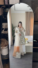 Load image into Gallery viewer, 3pc WHITE Embroidered Shalwar Kameez with Plazoo and Net dupatta Stitched Suit Ready to wear HW-U2420B