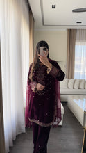 Load image into Gallery viewer, 3pc Burgundy VELVET Embroidered Shalwar Kameez with NET/Velvet dupatta Stitched Suit Ready to wear HW-UBURGUNDY