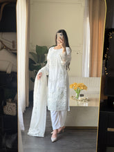 Load image into Gallery viewer, 3pc WHITE Embroidered Shalwar Kameez with CHIFFON dupatta Stitched Suit Ready to wear HW-U2490