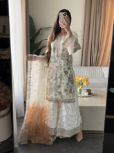 Load image into Gallery viewer, 3pc WHITE Embroidered Shalwar Kameez with Plazoo and Net dupatta Stitched Suit Ready to wear HW-U2420B