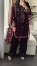 Load image into Gallery viewer, 3pc Burgundy VELVET Embroidered Shalwar Kameez with NET/Velvet dupatta Stitched Suit Ready to wear HW-UBURGUNDY