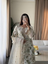 Load image into Gallery viewer, 3pc WHITE Embroidered Shalwar Kameez with Plazoo and Net dupatta Stitched Suit Ready to wear HW-U2420B