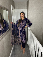 Load image into Gallery viewer, 3pc NAVY PURPLE VELVET Embroidered Shalwar Kameez with NET/Velvet dupatta Stitched Suit Ready to wear HW-DT117B
