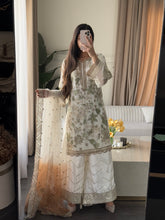Load image into Gallery viewer, 3pc WHITE Embroidered Shalwar Kameez with Plazoo and Net dupatta Stitched Suit Ready to wear HW-U2420B