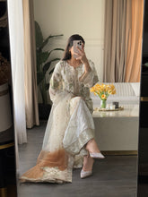 Load image into Gallery viewer, 3pc WHITE Embroidered Shalwar Kameez with Plazoo and Net dupatta Stitched Suit Ready to wear HW-U2420B