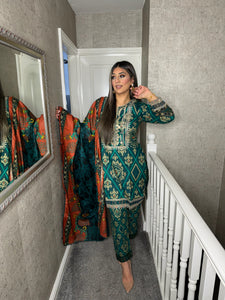 3PC Stitched TEAL Green shalwar Suit Ready to wear DHANAK winter Wear with Dhanak dupatta MBD-008