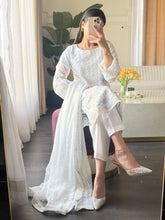 Load image into Gallery viewer, 3pc WHITE Embroidered Shalwar Kameez with CHIFFON dupatta Stitched Suit Ready to wear HW-U2490