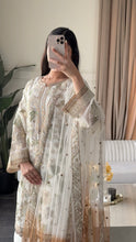 Load image into Gallery viewer, 3pc WHITE Embroidered Shalwar Kameez with Plazoo and Net dupatta Stitched Suit Ready to wear HW-U2420B