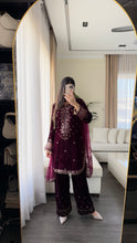 Load image into Gallery viewer, 3pc Burgundy VELVET Embroidered Shalwar Kameez with NET/Velvet dupatta Stitched Suit Ready to wear HW-UBURGUNDY