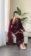 Load image into Gallery viewer, 3pc Burgundy VELVET Embroidered Shalwar Kameez with NET/Velvet dupatta Stitched Suit Ready to wear HW-UBURGUNDY