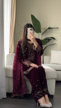 Load image into Gallery viewer, 3pc Burgundy VELVET Embroidered Shalwar Kameez with NET/Velvet dupatta Stitched Suit Ready to wear HW-UBURGUNDY