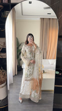 Load image into Gallery viewer, 3pc WHITE Embroidered Shalwar Kameez with Plazoo and Net dupatta Stitched Suit Ready to wear HW-U2420B