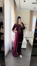 Load image into Gallery viewer, 3pc Burgundy VELVET Embroidered Shalwar Kameez with NET/Velvet dupatta Stitched Suit Ready to wear HW-UBURGUNDY