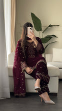 Load image into Gallery viewer, 3pc Burgundy VELVET Embroidered Shalwar Kameez with NET/Velvet dupatta Stitched Suit Ready to wear HW-UBURGUNDY