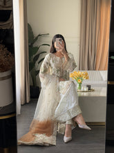 Load image into Gallery viewer, 3pc WHITE Embroidered Shalwar Kameez with Plazoo and Net dupatta Stitched Suit Ready to wear HW-U2420B