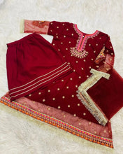 Load image into Gallery viewer, 3pc Maroon kids chiffon Embroidered Ghrara Shalwar Kameez with Net dupatta Suit Ready to wear KID-MAROON
