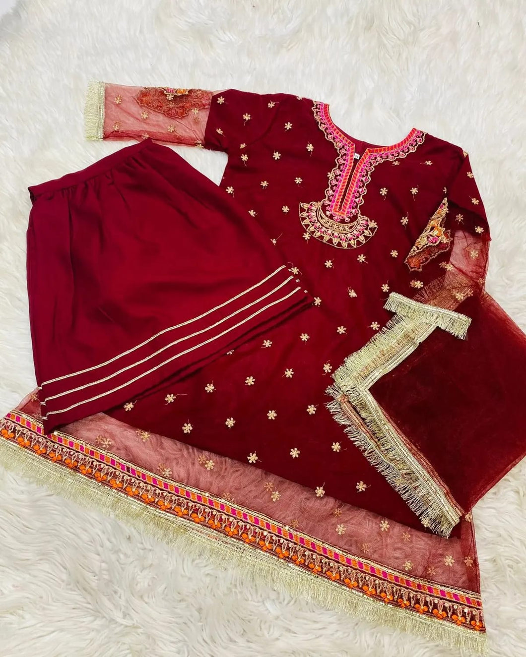 3pc Maroon kids chiffon Embroidered Ghrara Shalwar Kameez with Net dupatta Suit Ready to wear KID-MAROON