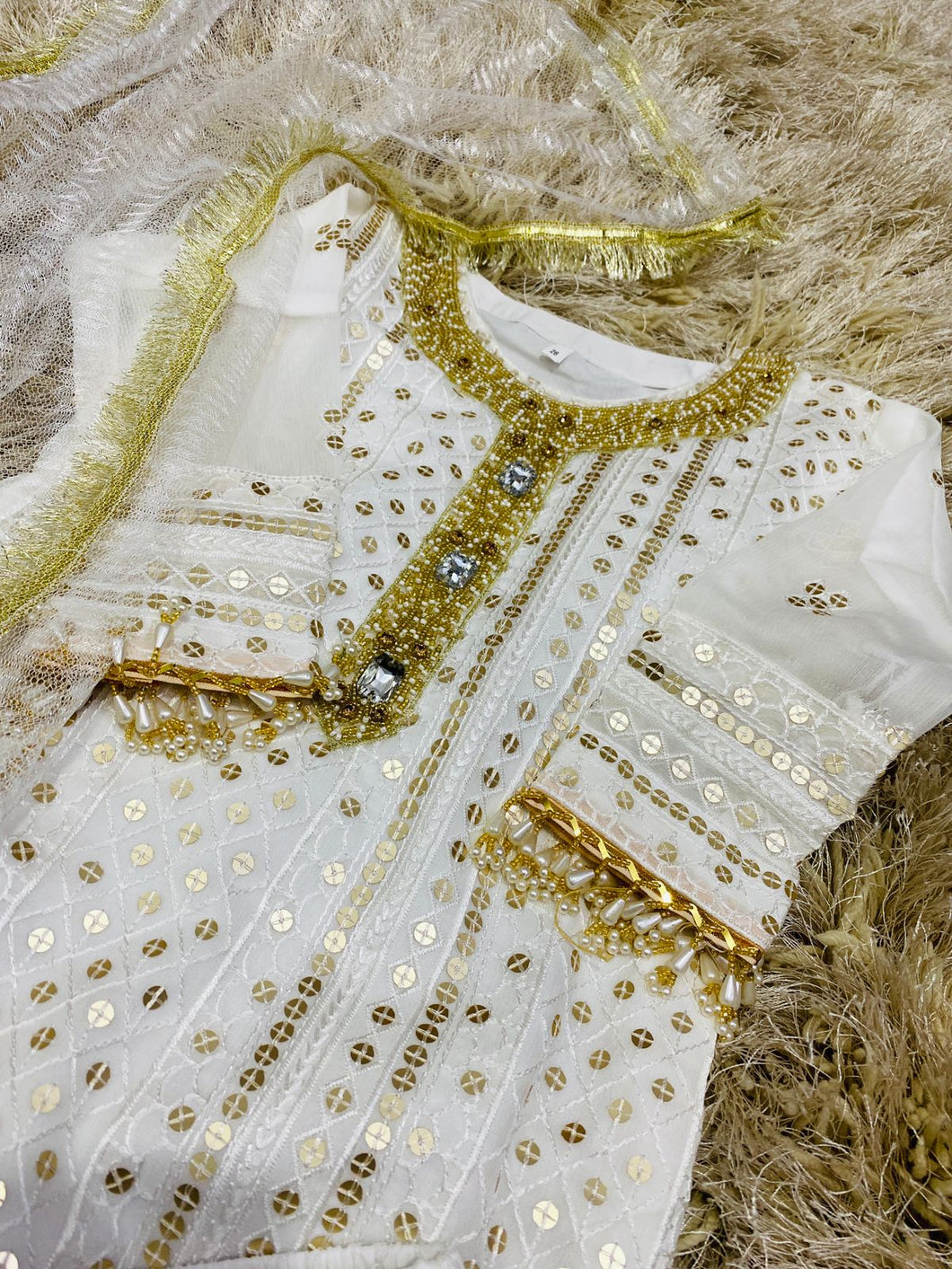 3pc WHITE kids chiffon Embroidered Ghrara Shalwar Kameez with NET dupatta Suit Ready to wear KIDS-WHITE9MM