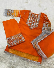 Load image into Gallery viewer, 3pc Orange kids chiffon Embroidered Shalwar Kameez with Net dupatta Suit Ready to wear JF-OARNGE
