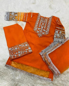 3pc Orange kids chiffon Embroidered Shalwar Kameez with Net dupatta Suit Ready to wear JF-OARNGE