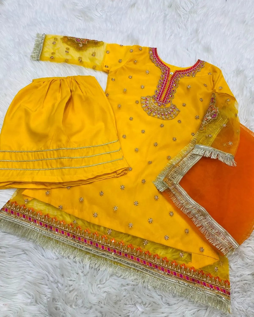 3pc YELLOW kids chiffon Embroidered Ghrara Shalwar Kameez with Net dupatta Suit Ready to wear KID-YELLOW
