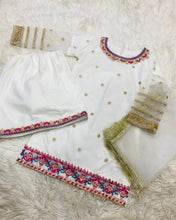 Load image into Gallery viewer, 3pc WHITE kids Ghrara chiffon Embroidered Shalwar Kameez with Net dupatta Suit Ready to wear KID-WHITE
