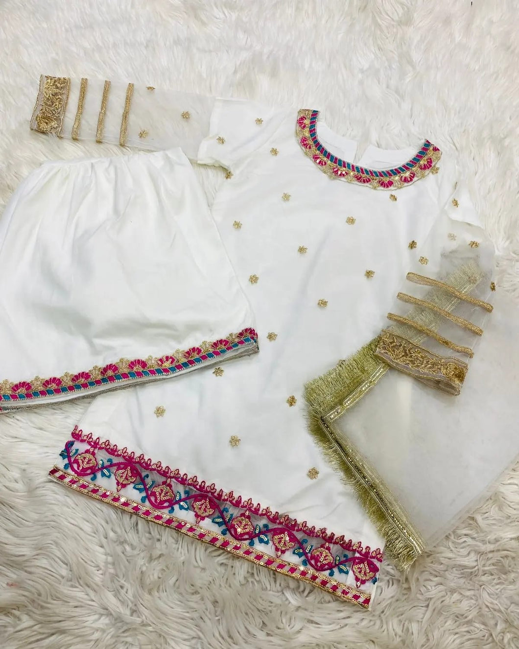 3pc WHITE kids Ghrara chiffon Embroidered Shalwar Kameez with Net dupatta Suit Ready to wear KID-WHITE