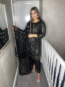 3pc BLACK Embroidered Shalwar Kameez with Chiffon dupatta Stitched Suit Ready to wear HW-BLACK9MM